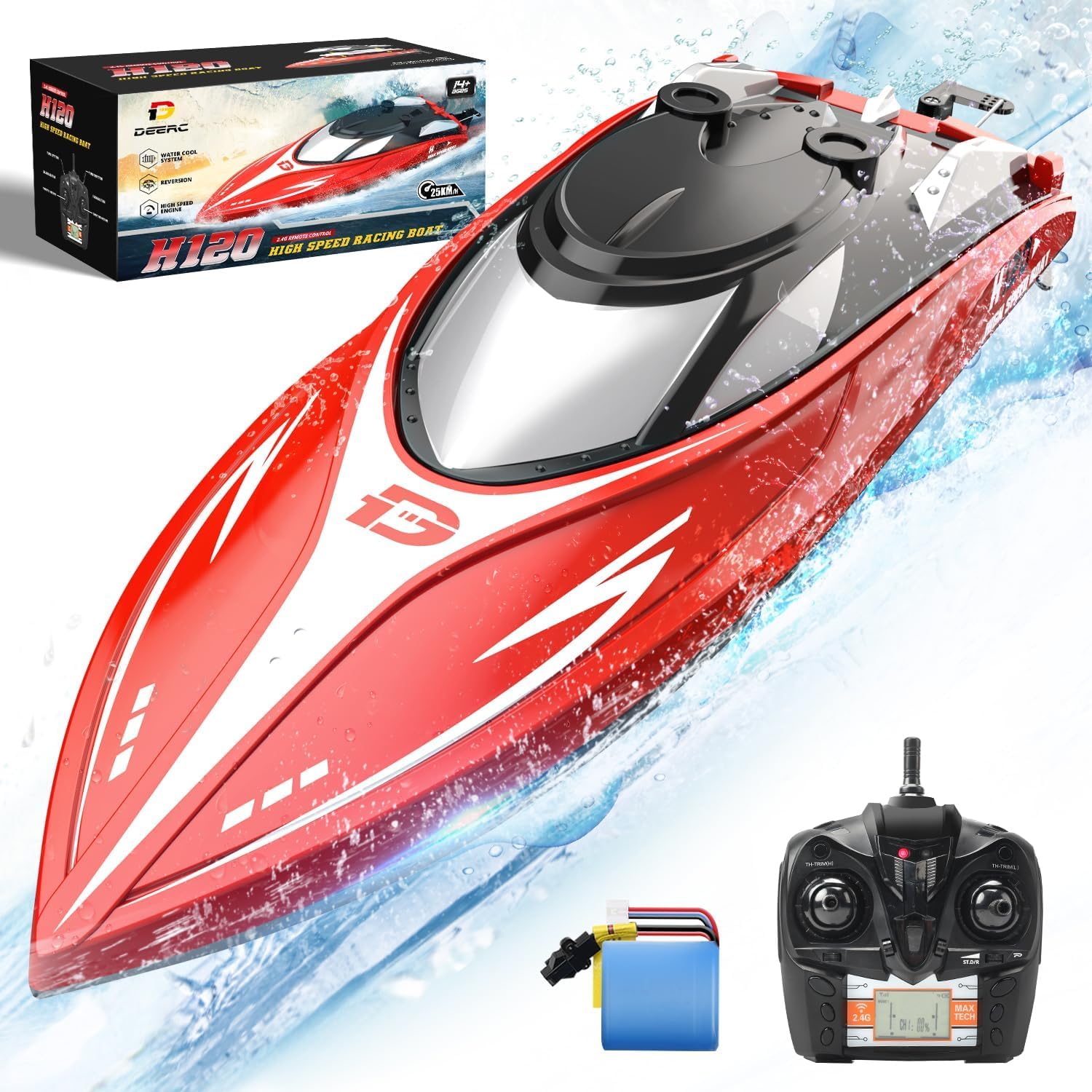 H120 Fast RC Boat for Pools and Lakes, 2.4 GHz 20+ MPH Racing Boats for Kids & Adults with Rechargeable Battery,Low