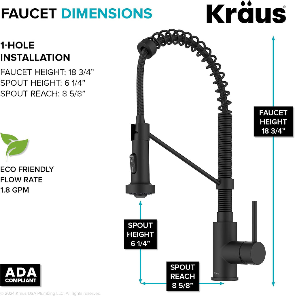 Bolden Commercial Style 2-Function Single Handle Pull Down Kitchen Faucet in Matte Black, KPF-1610MB + KRAUS