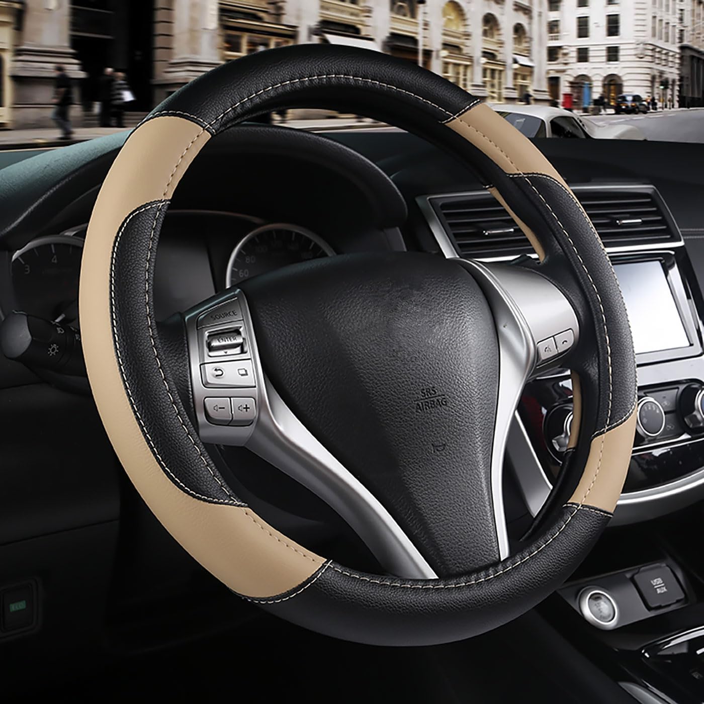 Leather Car Steering Wheel Cover, Non-Slip Car Wheel Cover Protector Breathable Microfiber Leather Universal Fit for