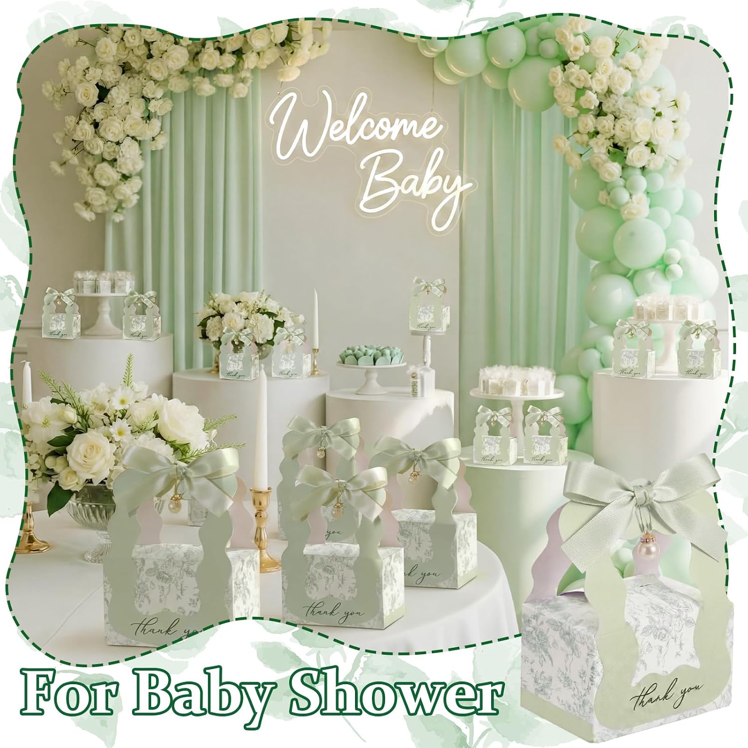 50 Sets Floral Wedding Favor Boxes with Pearl Pendant Bow, Green