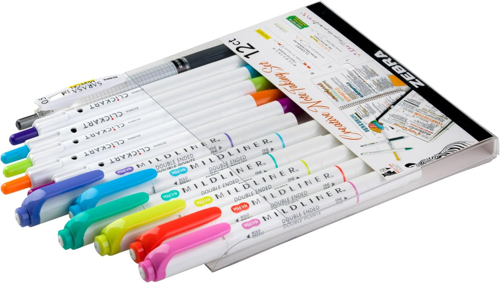 Creative Notetaking Set 12-Pack, Includes 6 Highlighters, 5 CLiCKART Retractable Marker Pens, and 1 Sarasa