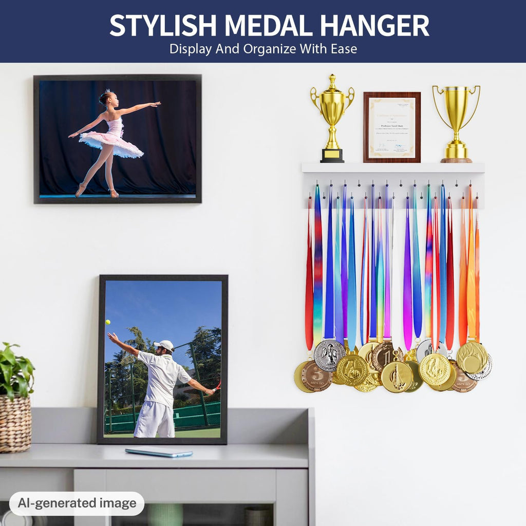 Medal Holder Display Trophy Shelf Organizer, Sturdy Wooden Race Award Hanger Rack with 25 Steel Hooks, Wall Mount