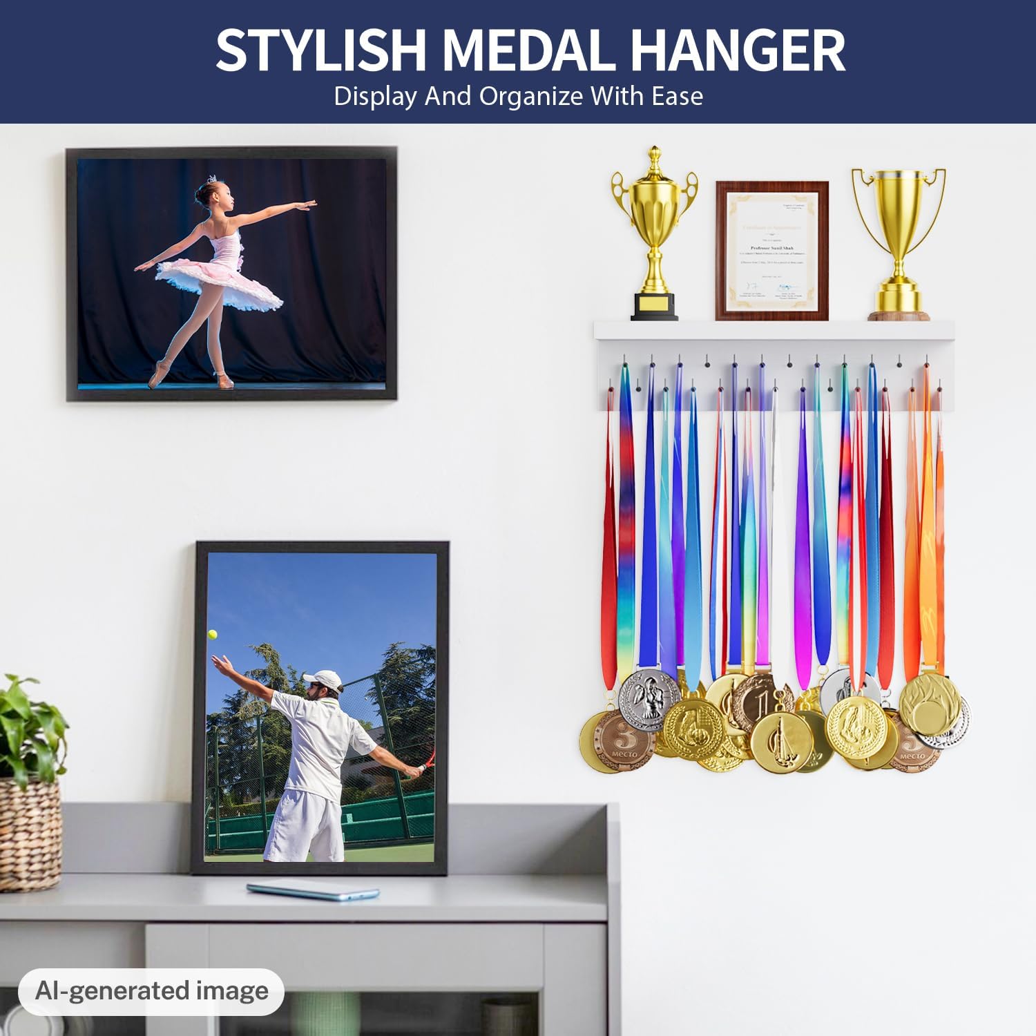 Medal Holder Display Trophy Shelf Organizer, Sturdy Wooden Race Award Hanger Rack with 25 Steel Hooks, Wall Mount