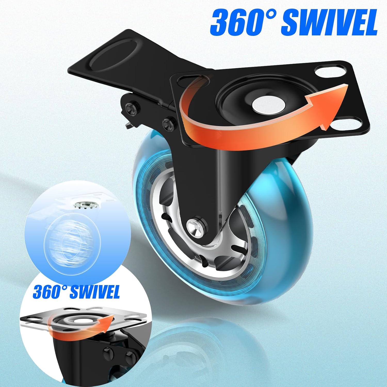 3 Inch Plate Casters Set of 4 Double Brake Heavy Duty | 1200 LBS, Non Marking & Quiet Blue Design, 360°Swivel, Wheels