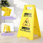 24 Inches Caution Wet Floor Sign Bright Yellow Double Sided Bilingual Caution Message Folding A-Shaped Frame Design