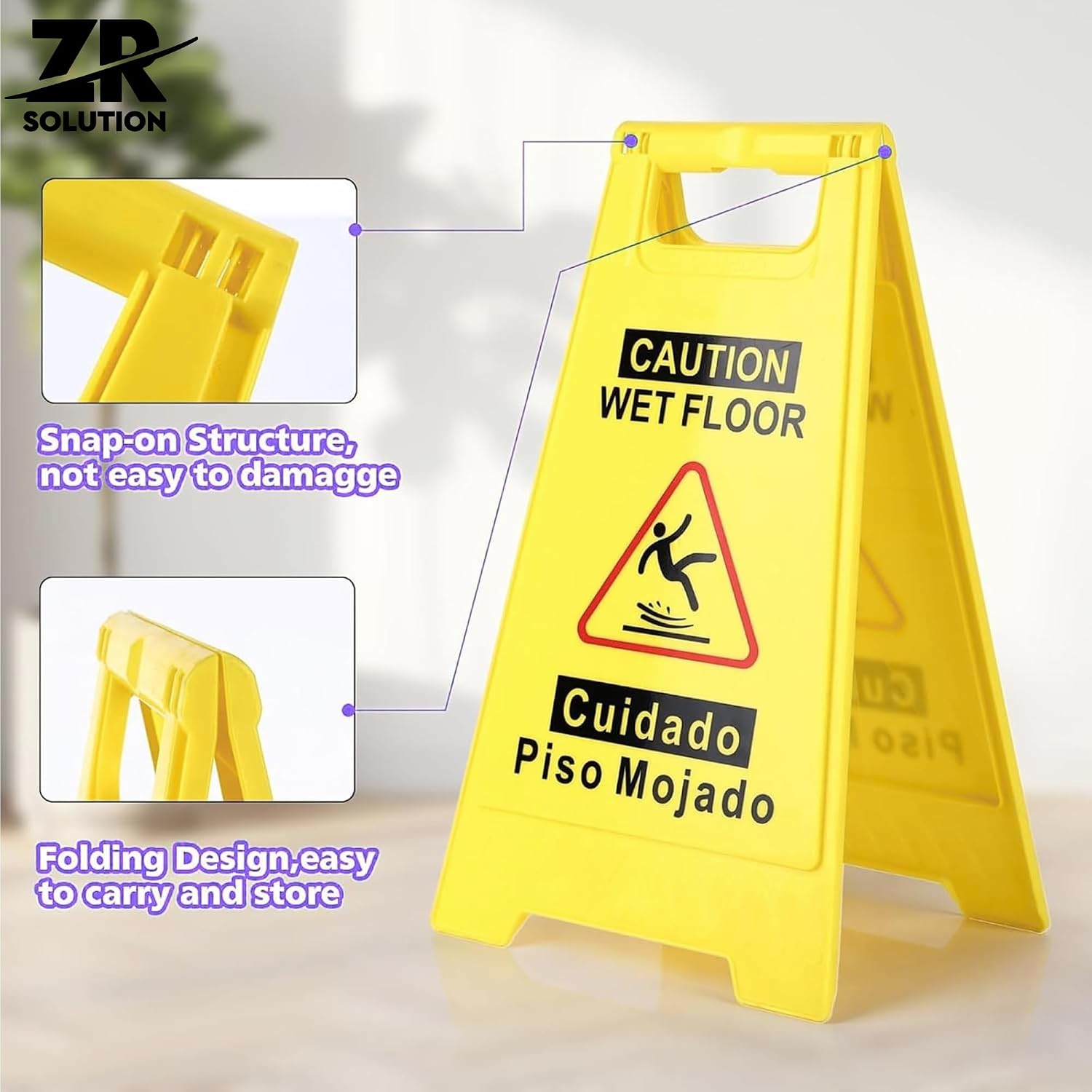 24 Inches Caution Wet Floor Sign Bright Yellow Double Sided Bilingual Caution Message Folding A-Shaped Frame Design