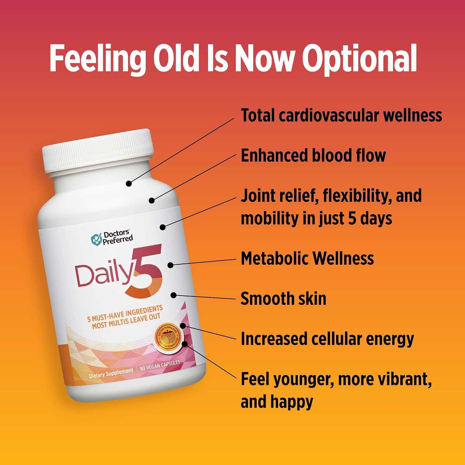 Daily5 Multivitamin for Women and Men, Clinically Validated Ingredients, Heart, Joints, Circulation, 90 Vegan Capsules