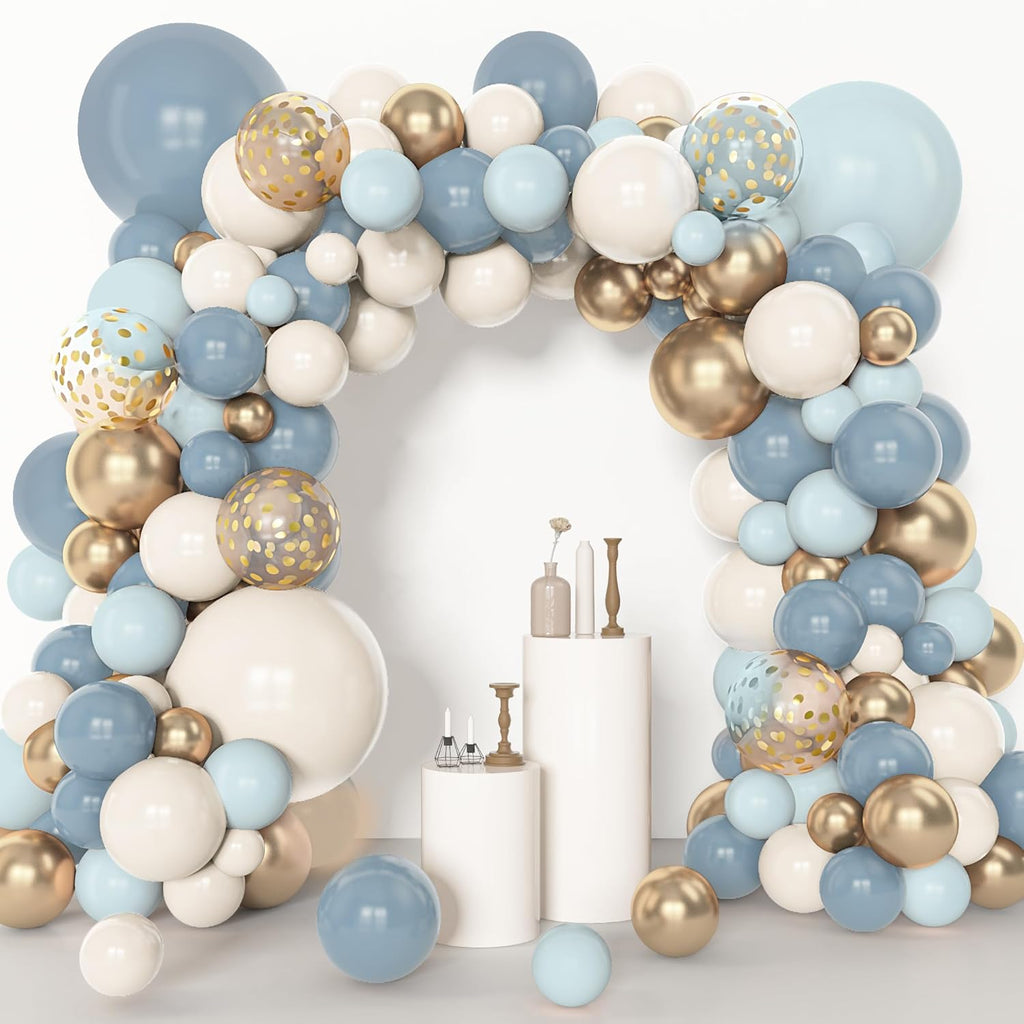153pcs Dusty Blue Balloon Garland Arch Kit, Different Sizes 18 12 10 5 inch Blue White Sand Latex Metallic Confetti