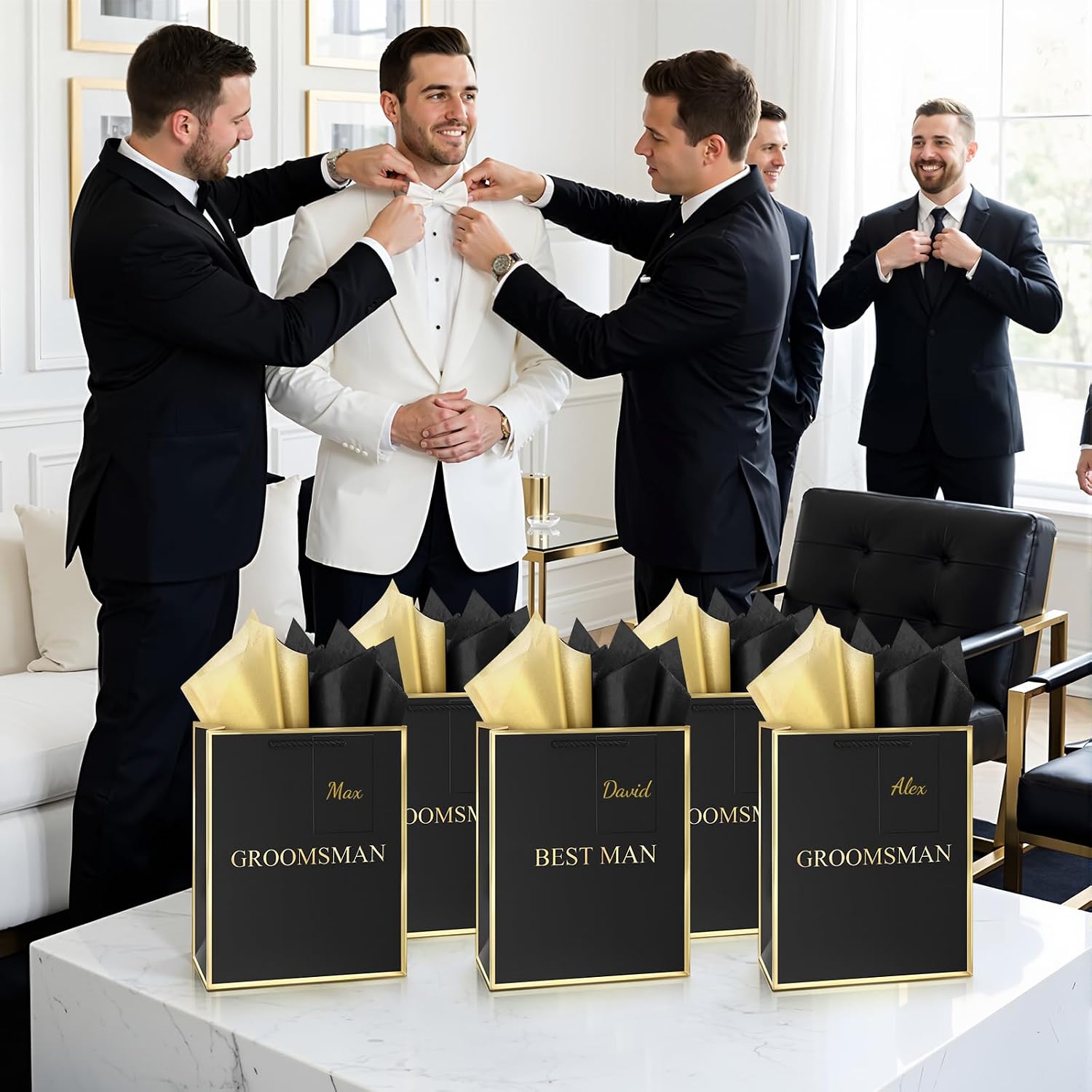 6 Pack Groomsmen Gift Bags with Tissue Paper, Medium, Black Gold