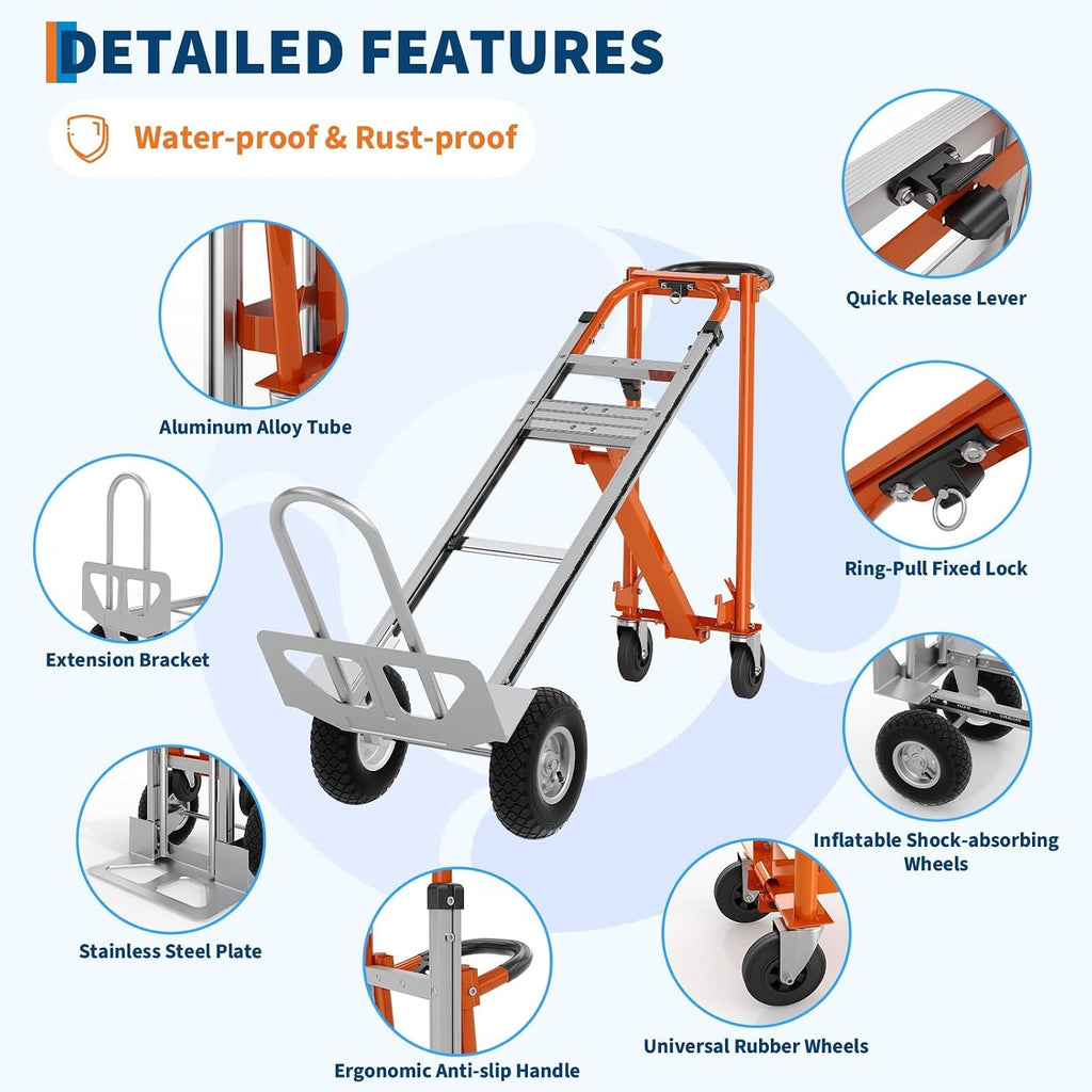 4 in 1 Convertible Hand Truck, Aluminum Hand Trucks 1000 Lb Capacity, Convertible Hand Truck with Wheels, Elastic