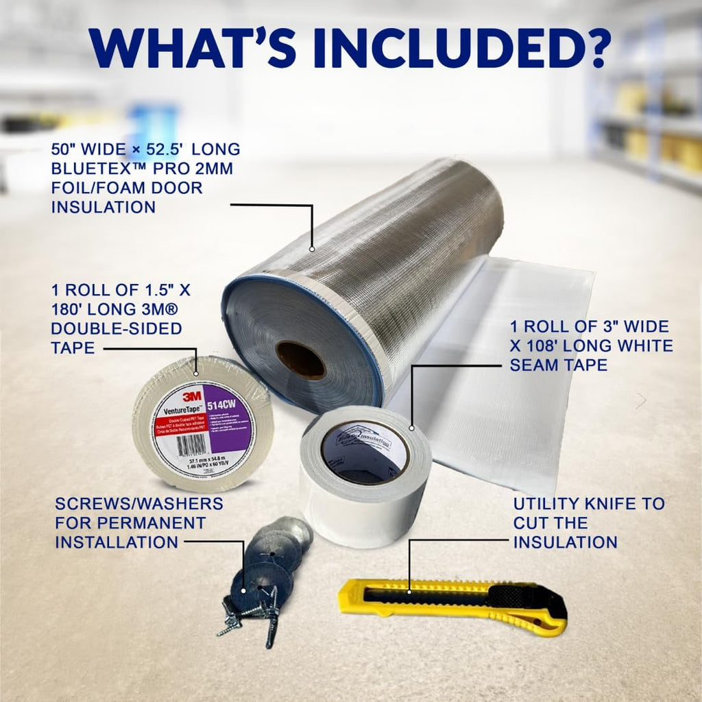 BlueTex Roll Up Garage Door Insulation Kit for Cooling Down Metal Buildings – Easy to Install Complete Insulation for