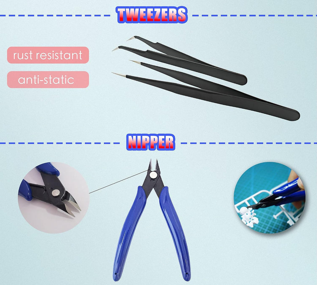 Model Tools Kit 20 in 1 Adults Hobby Building Tools Set Basic Tools with Nippers Tweezers Needle Files Polishing Bars