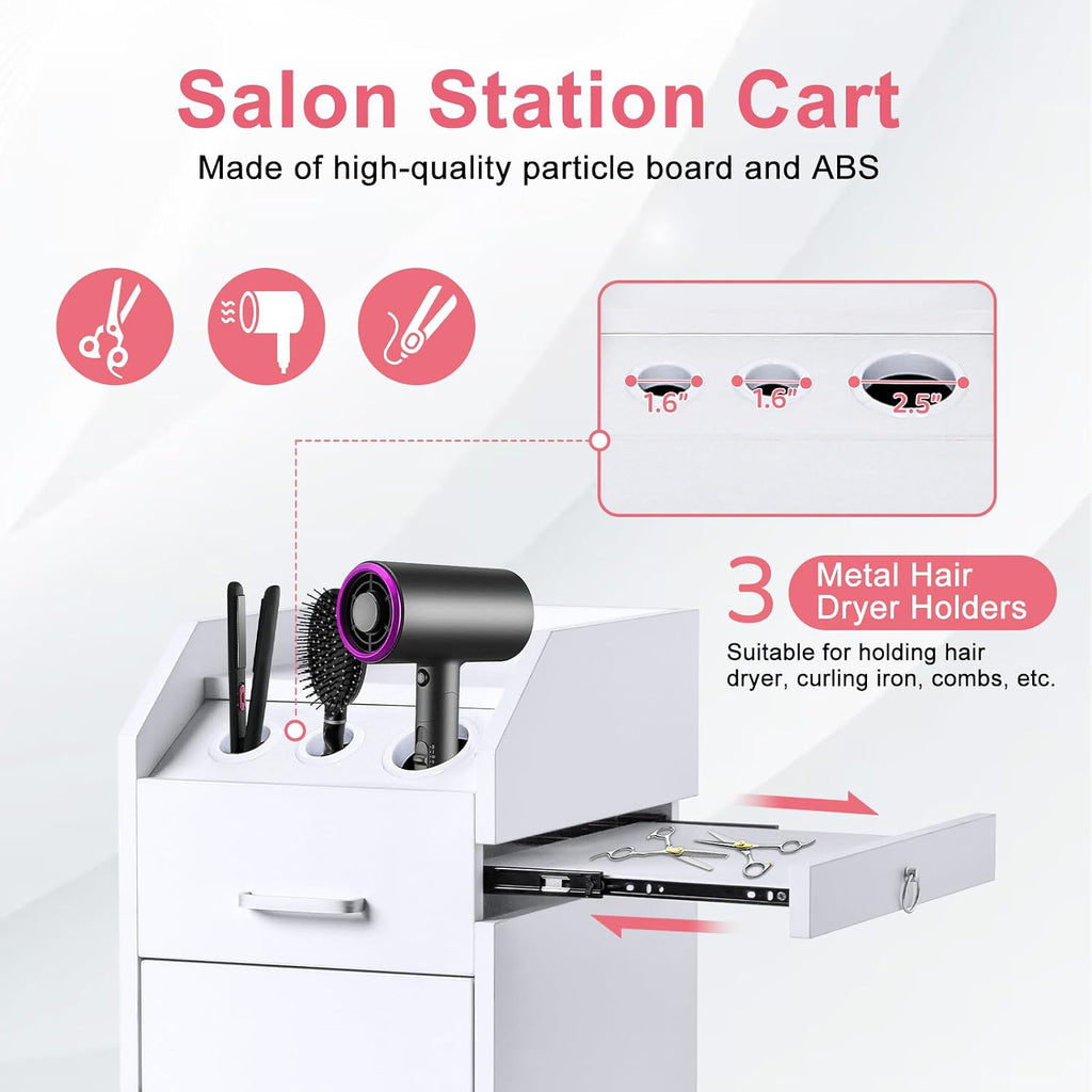 Salon Trolley Cart with 4 Trays, 3 Hair Dryer Holders, White | Lockable Beauty Storage Cabinet with 4 Drawers
