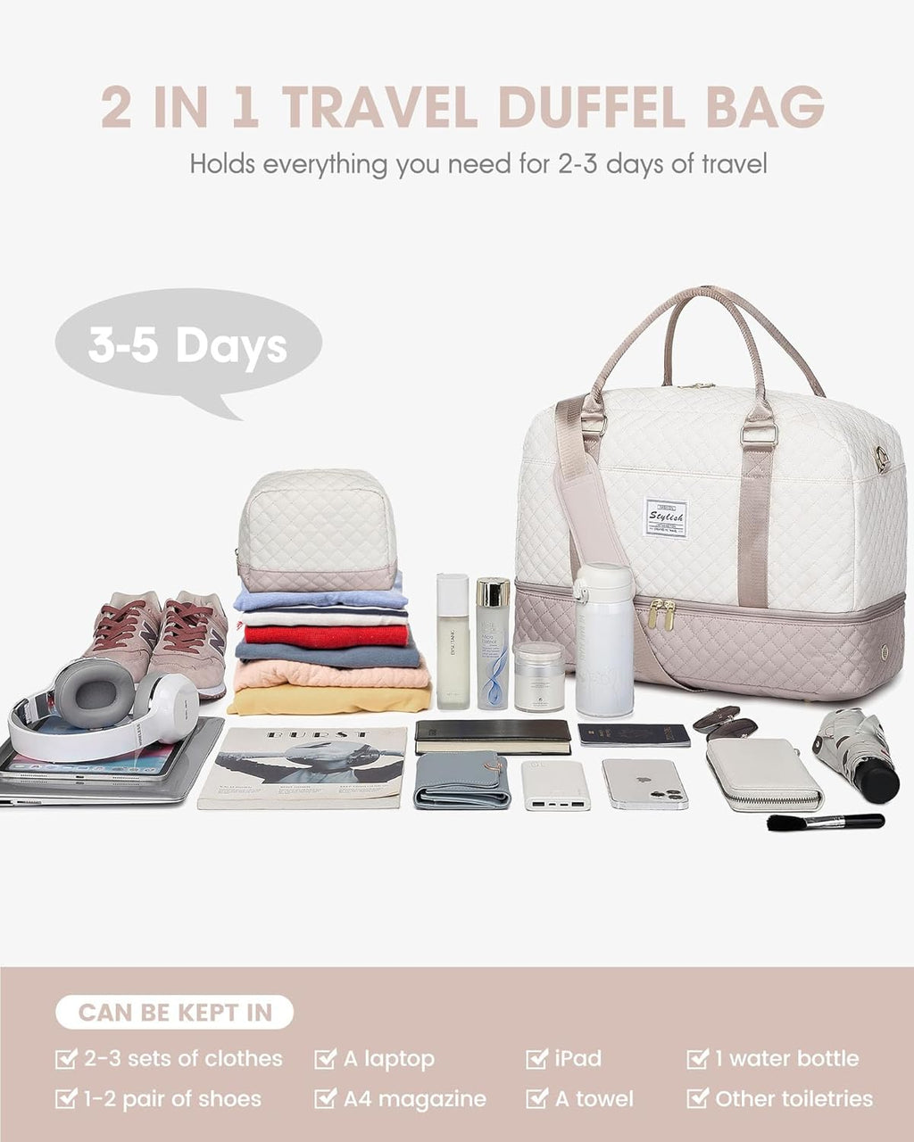 Travel Duffle Bag Weekender for Women: Travel Duffel Bag Carry-On Overnight Bag with Shoe Compartment & Wet Pocket