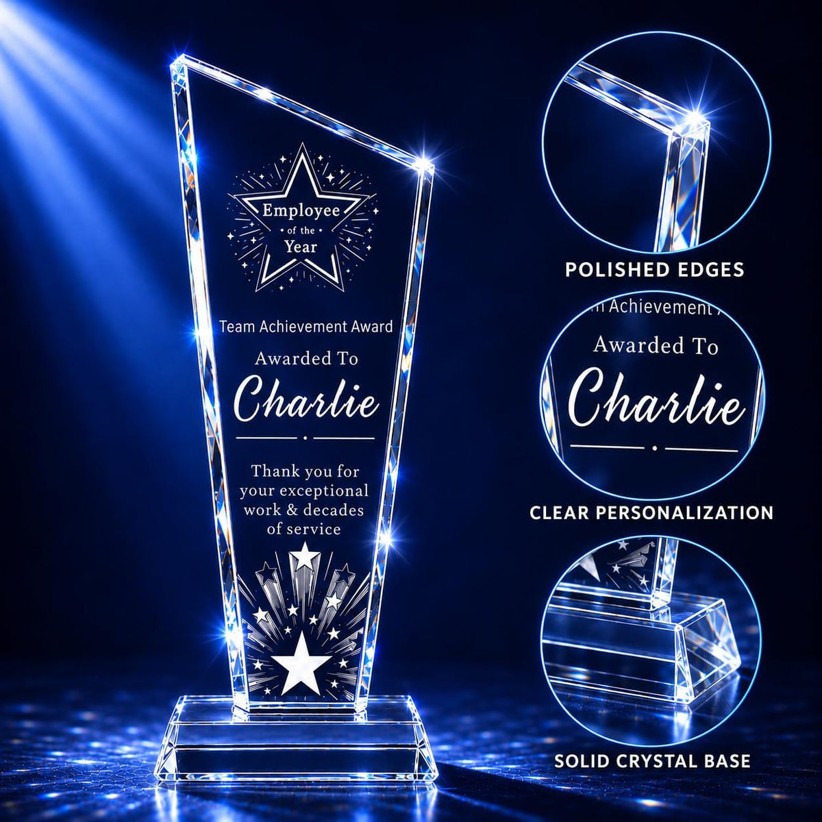 Customizable Crystal Award Trophy with Company Logo Text & Employee Name