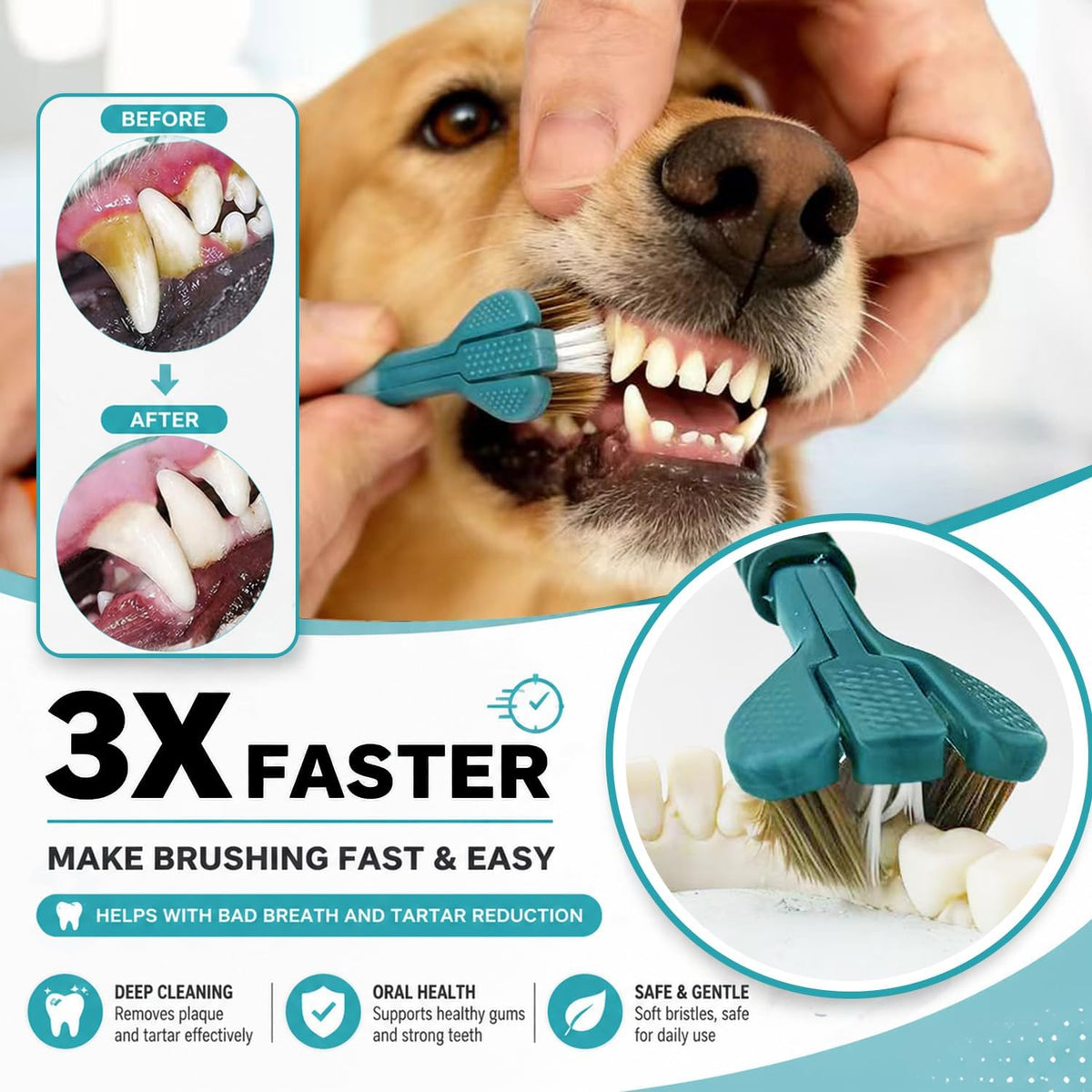 Dog Toothbrush, Finger Toothbrushes, 360 Degree Toothbrush, Triple Head Dog Toothbrushes, Double Head