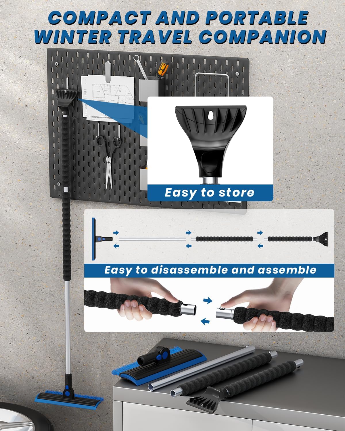 55.7" Snow Brush and Ice Scrapers for Car Windshield, Blue | Extra Long, Multi-Functional Detachable, Foam Grip, 270°