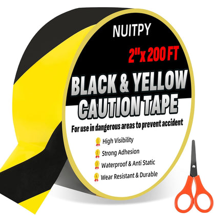 2in x 200 FT Black & Yellow Caution Tape Roll, Safety Tape | Black & Yellow Floor Marking Tape, High Adhesive Hazard