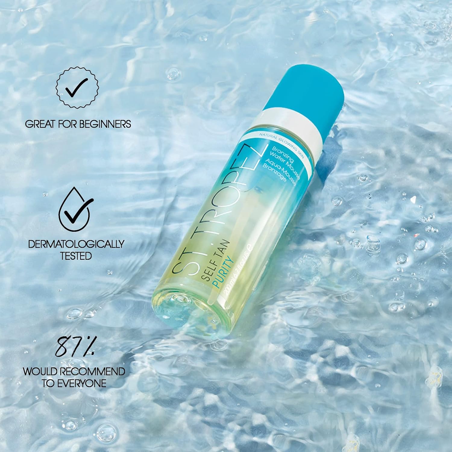 Self Tan Purity Bronzing Water, Clear Tanning Water Foam, Streak-Free Finish, Develops in 4-8 Hours, Vegan, Natural &