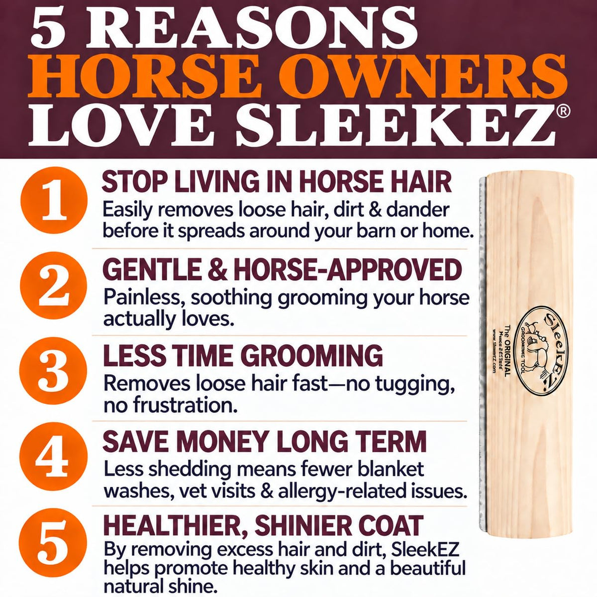 10 Inch Horse Brush – Patented Horse Shedding Blade Made in USA - Removes Loose Hair & Undercoat - Deshedding Tool