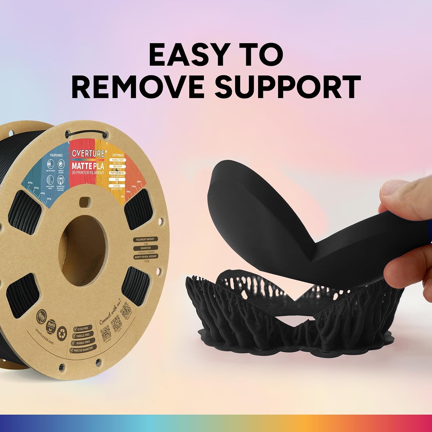 Matte PLA Filament 1.75mm, 1kg Matte Black | Low Warp & Smooth Finish, 1kg (2.2lbs) Dimensional Accuracy +/- 0.02mm