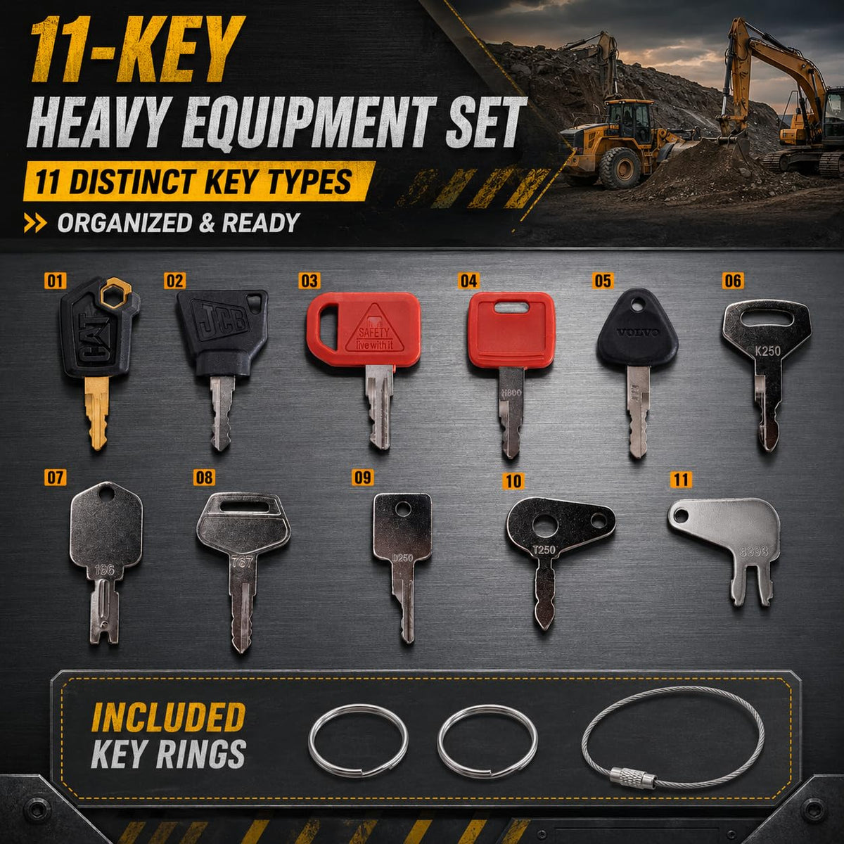 hiSpkNix 11 PCS Heavy Equipment Keys Master Set for CAT, John Deere, Kubota