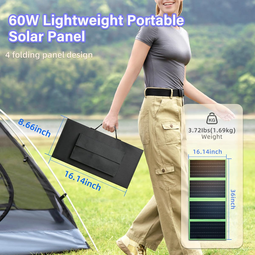 60W Portable Solar Panel Charger with USB-C, USB-A, DC Port, GOLUMU Outdoor IP67 Waterproof Foldable Solar Phone
