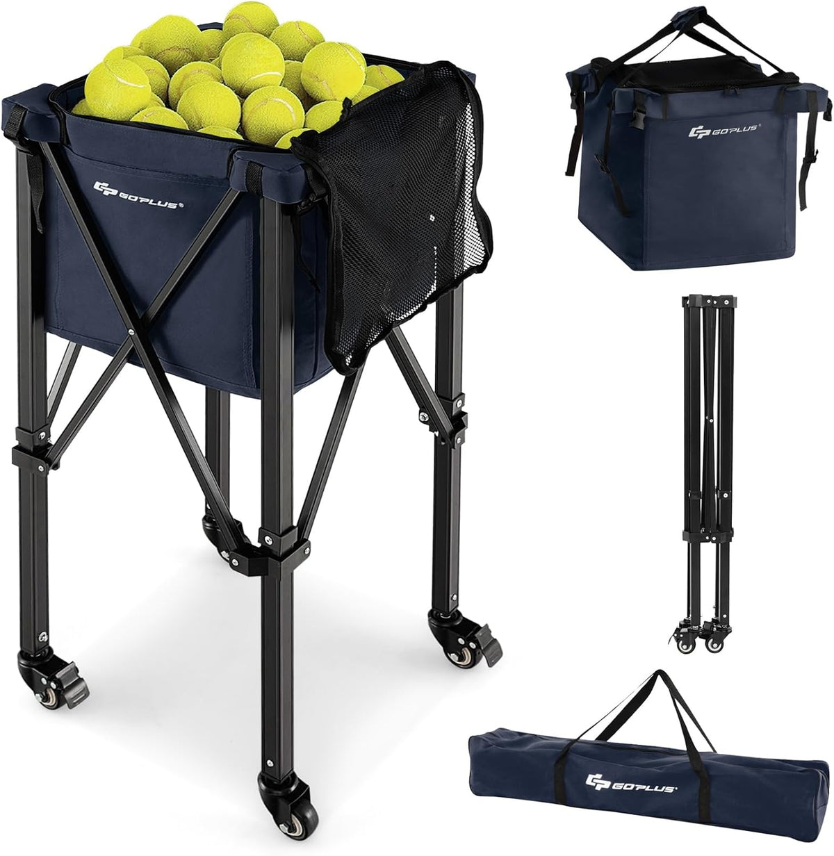 Foldable Tennis Ball Hoppers, Lightweight Aluminum Tennis Ball Basket with Wheels, Removable Bag, Side Pockets, Carry