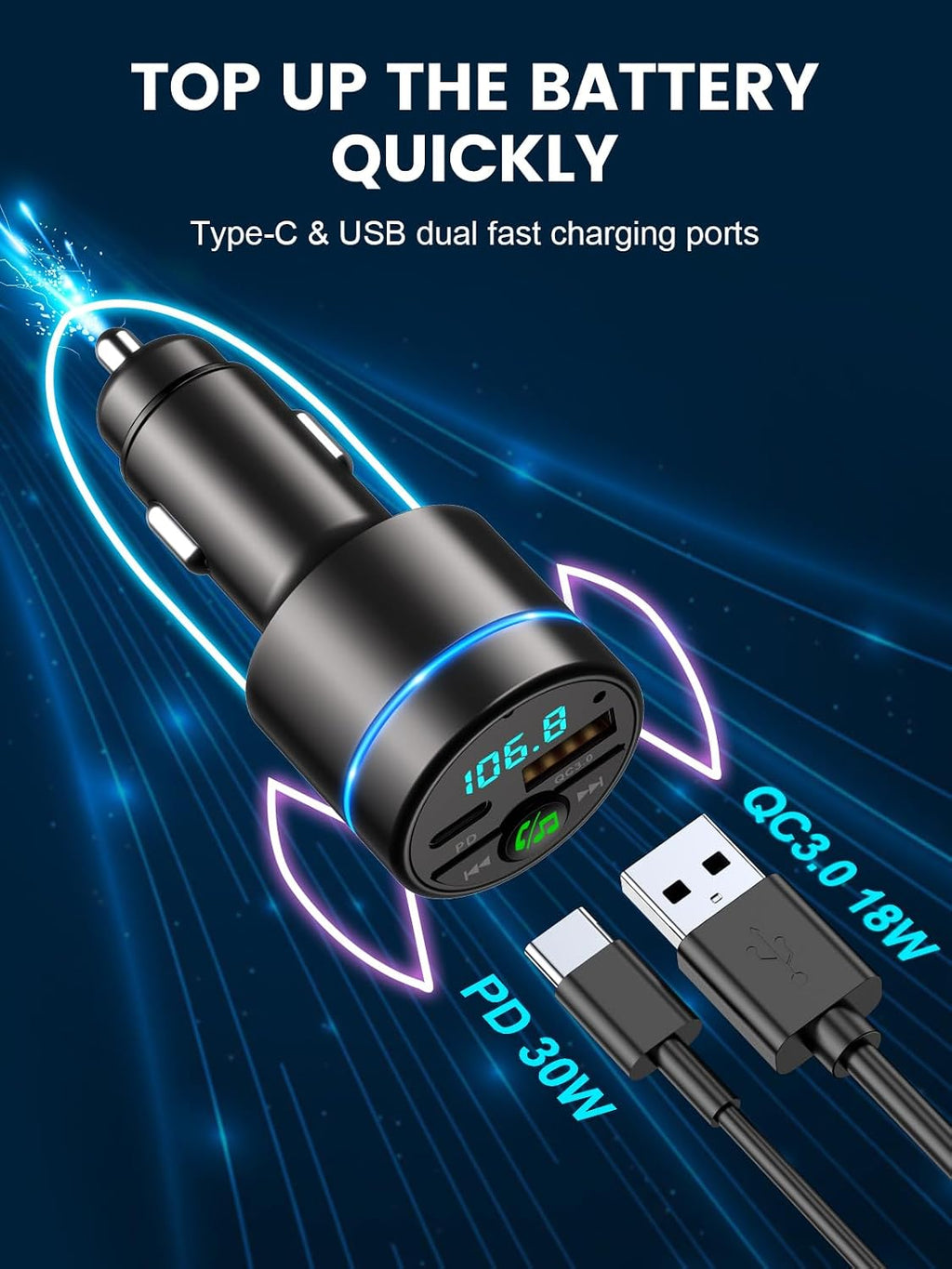 FM Transmitter for Car Bluetooth 5.3, [All-Metal] PD 30W & QC3.0 18W Fast Car Charger, Wireless FM Radio Kit