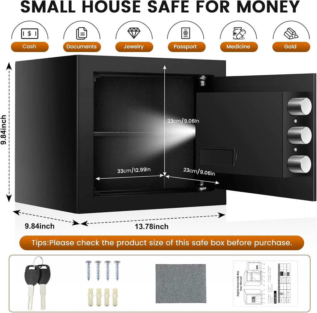 9.84'' H Home Safe Box, Small Safe with Fireproof Waterproof Bag | Anti-Theft Digital Security Lock Box with Smart