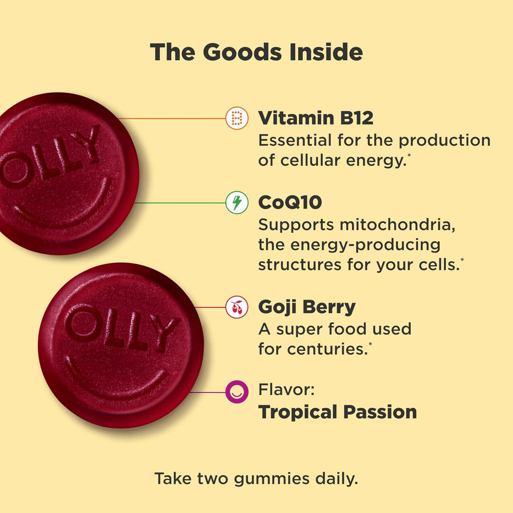 Daily Energy Gummy, Caffeine Free, Vitamin B12, CoQ10, Goji Berry, Adult Chewable Supplement, Tropical Flavor - 60 Count
