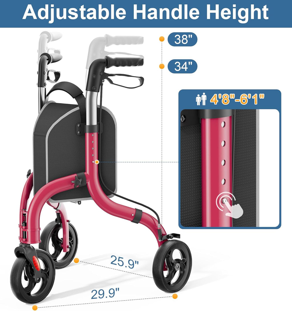 Foldable 3 Wheel Walkers for Seniors, Lightweight AluminumThree-Wheeled Walker, Height Adjustable Compact Walker with