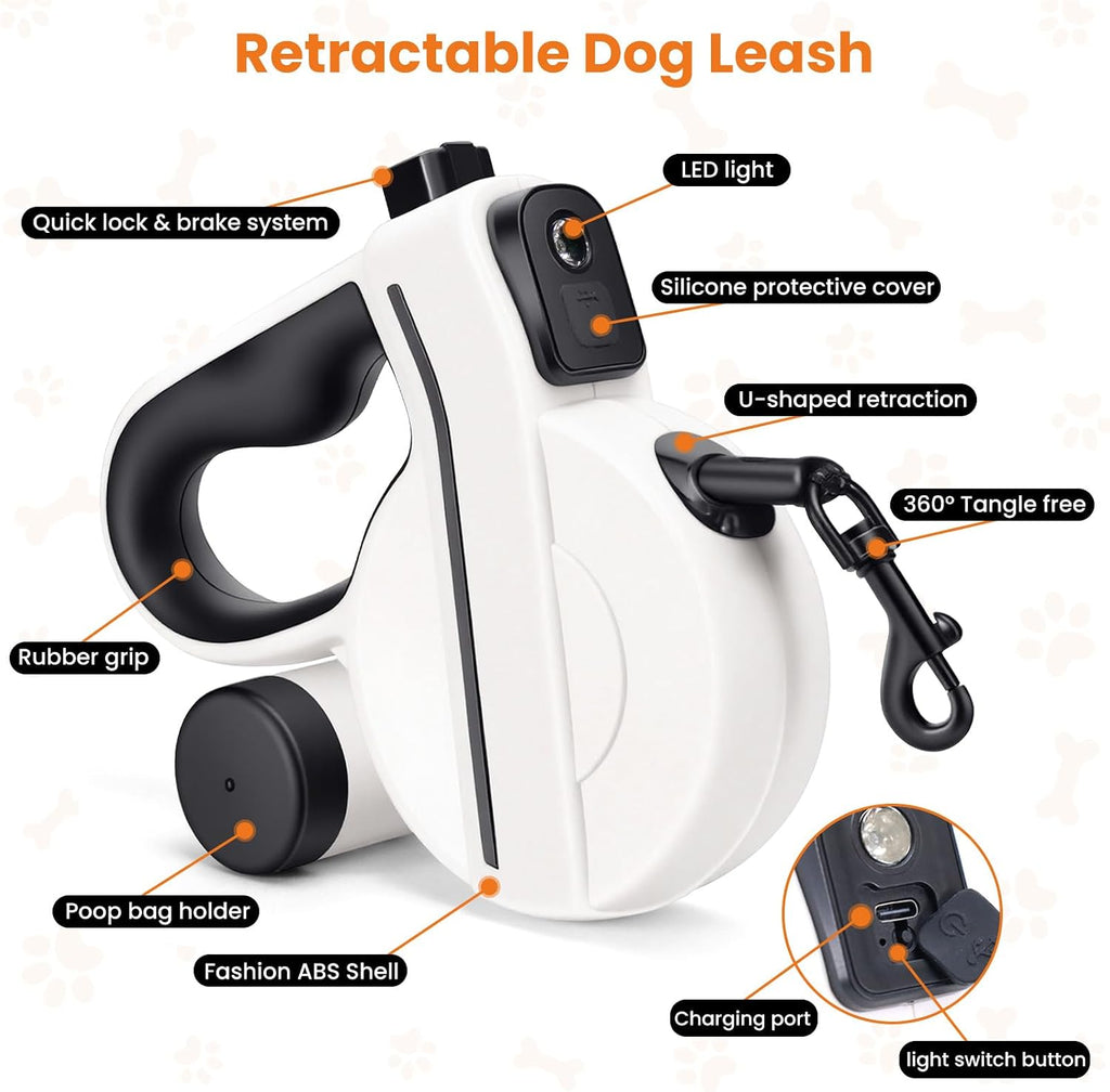 Retractable Dog Leash with USB Rechargeable Light, Reflective, Black