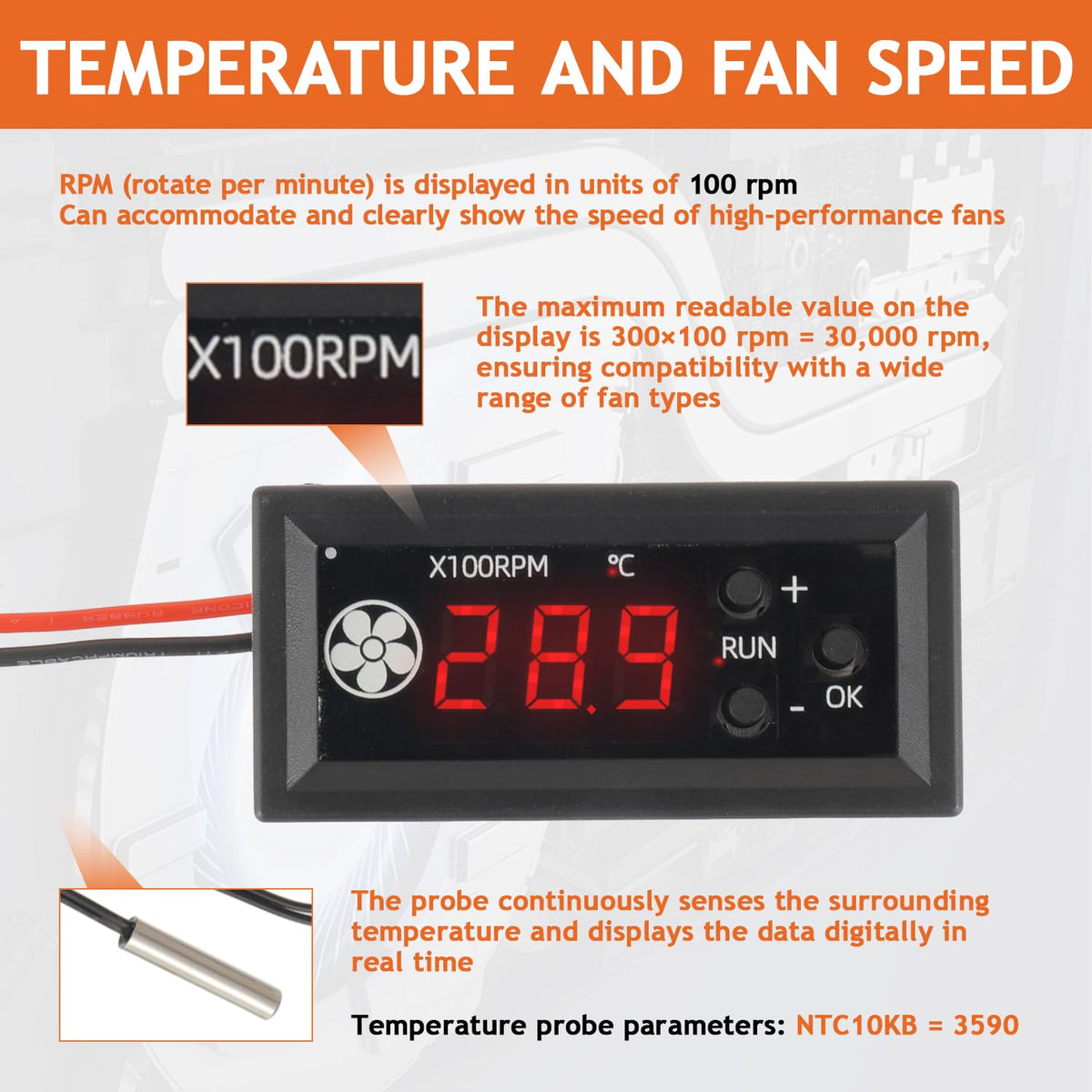 JAMHER 4-Wire PWM 12V 3A Fan Temperature Controller,Cylindrical Head