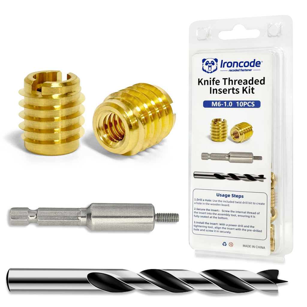 Threaded Inserts for Wood, Installation Kit, Brass, Includes M6-1.0 Knife Thread Inserts (10pcs), Drill, Installation Tool