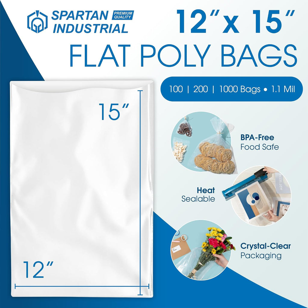 12" X 15" Open-End Flat Poly Bags (100 Count) - 1.1 Mil Clear Plastic