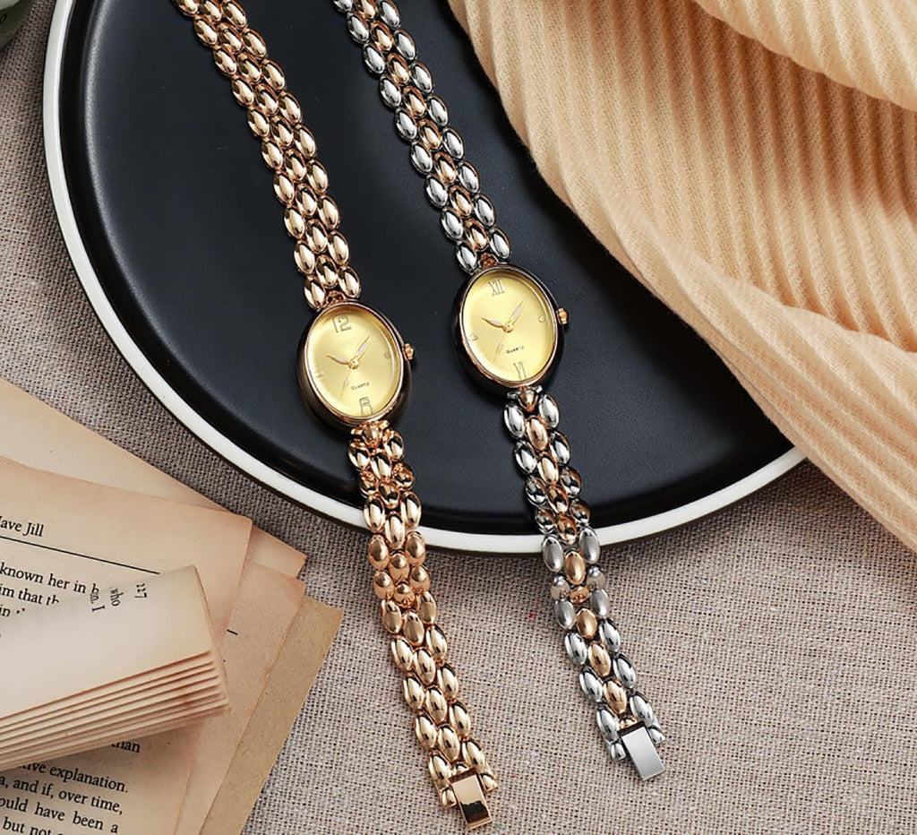 Women’s Oval Bracelet Watch – Minimalist Beaded Link Watch, Lightweight Oval Dial, Quartz Analog Timepiece