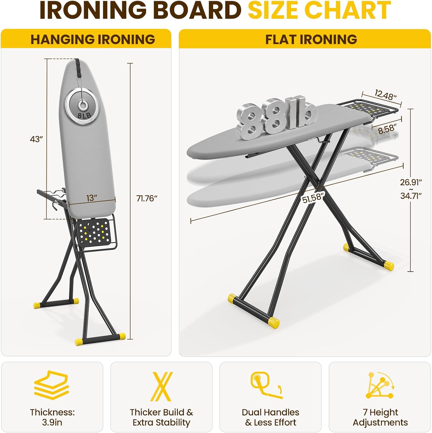 2-in-1 Stander & Steam Foldable Ironing Board with Iron Rest | 13 x 43 inchs, Height Adjustable, Alloy Structure