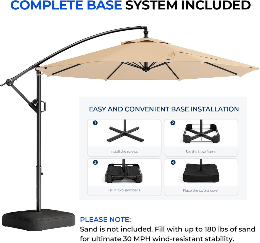 10ft Cantilever Patio Umbrella with Base Included, 30 MPH Wind-Resistant Offset Outdoor Hanging Umbrella with 45