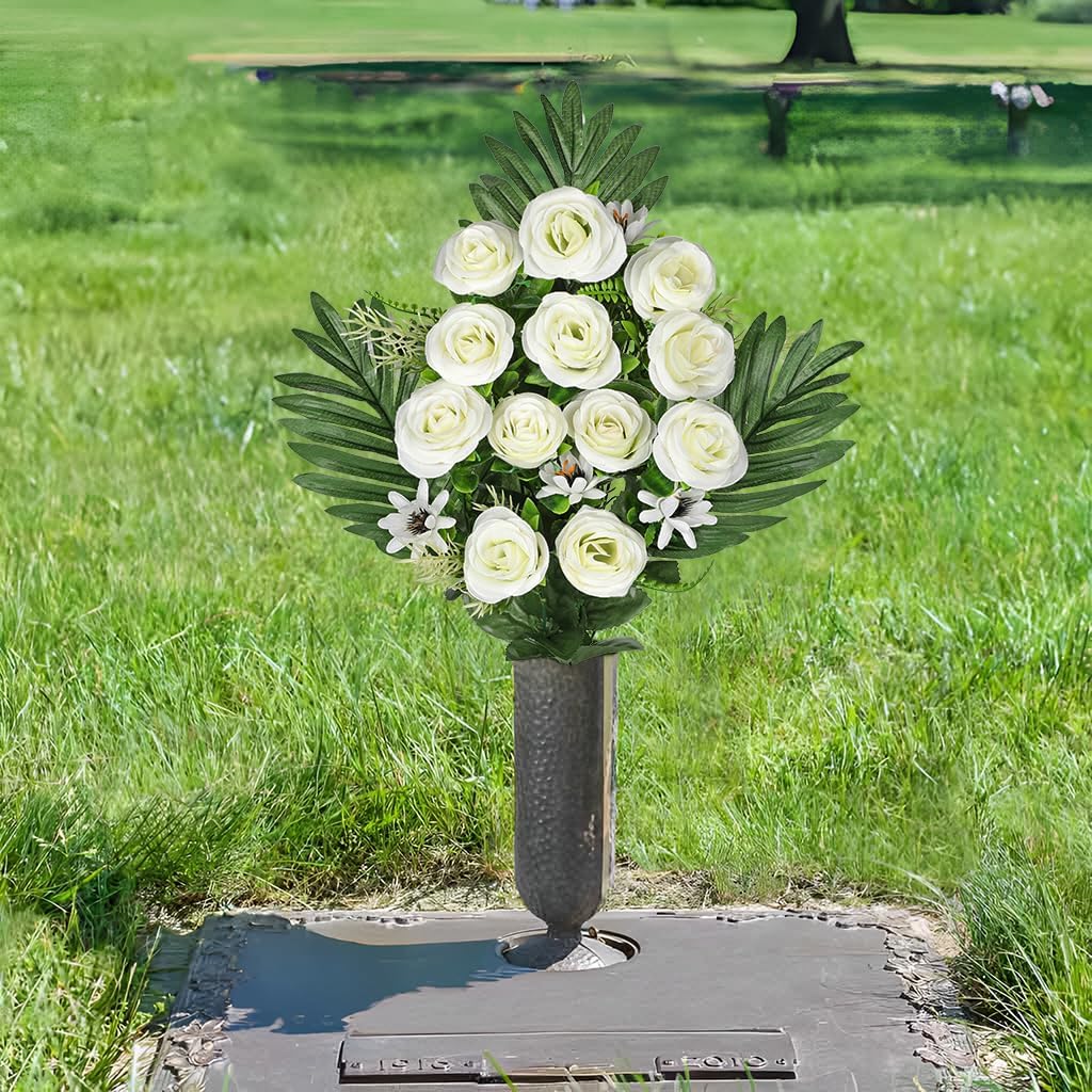 Artificial Cemetery Flowers for Grave, Set of 2 Silk White Faux Rose Bouquet Flowers Outdoor Graveyard Memorial