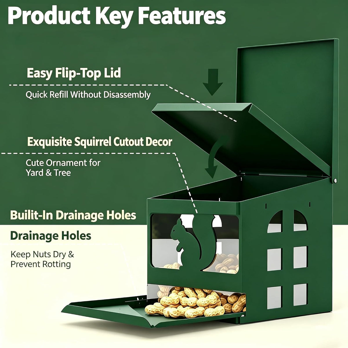 Squirrel Feeder for Outside, Durable Full Metal Squirrel Food Box, Large Capacity Chipmunk Feeder, Weather-Proof