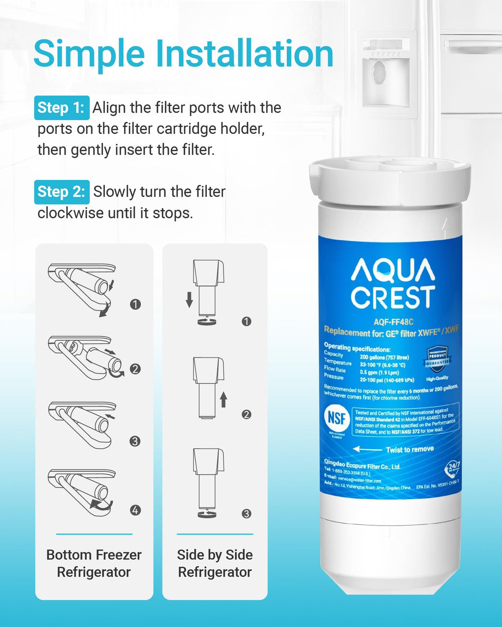XWFE Water Filter, Replacement for GE XWFE, Built-in Chip