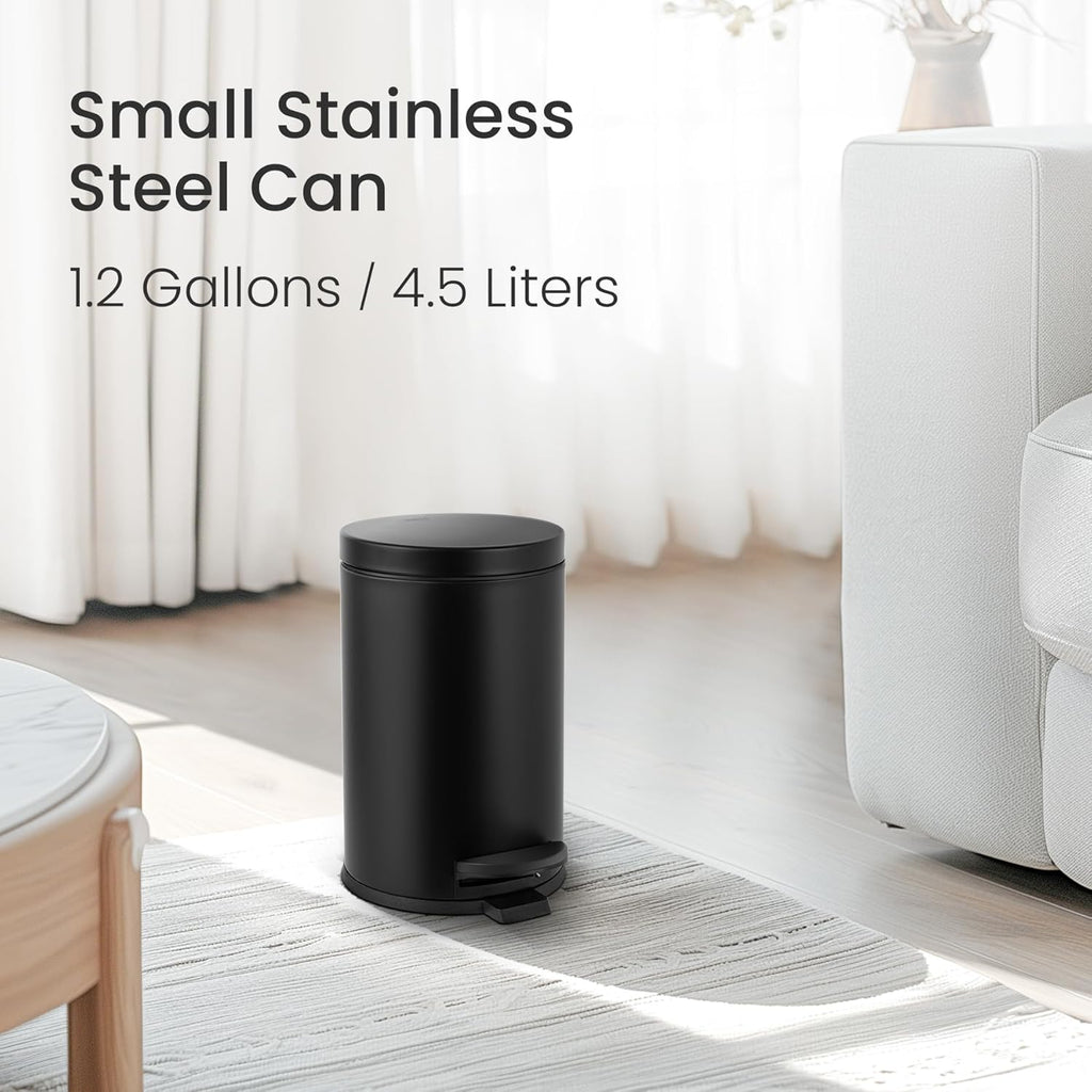 Small Round Bathroom Trash Can with Lid Soft Close, 1.2 Gal, Black | Removable Inner Bucket, Stainless Steel Garbage