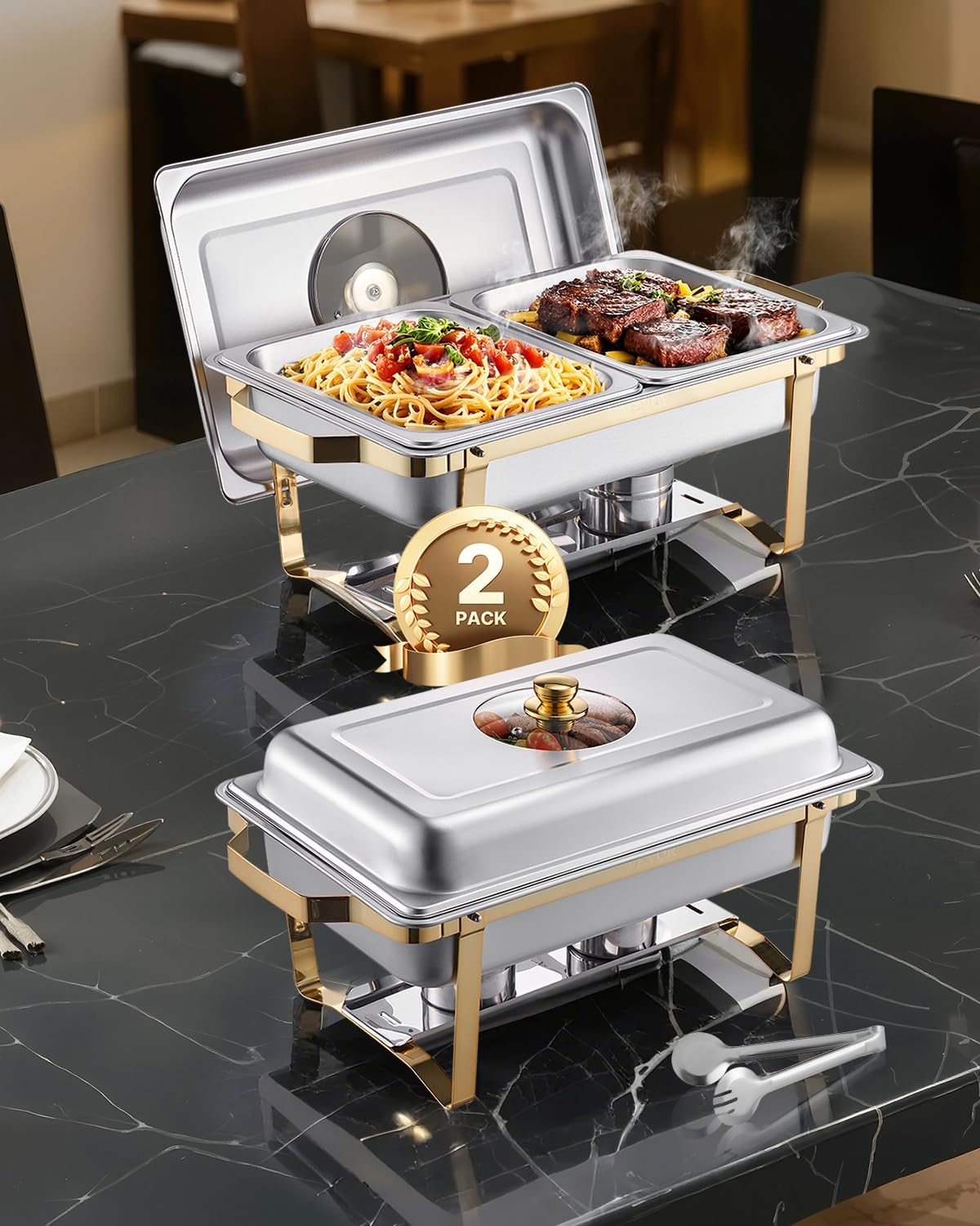 Chafing Dish Buffet Set,8 Qt 2 Pack, Stainless Steel Chafer with 4 Half Size Pans, Rectangle Catering Warmer Server