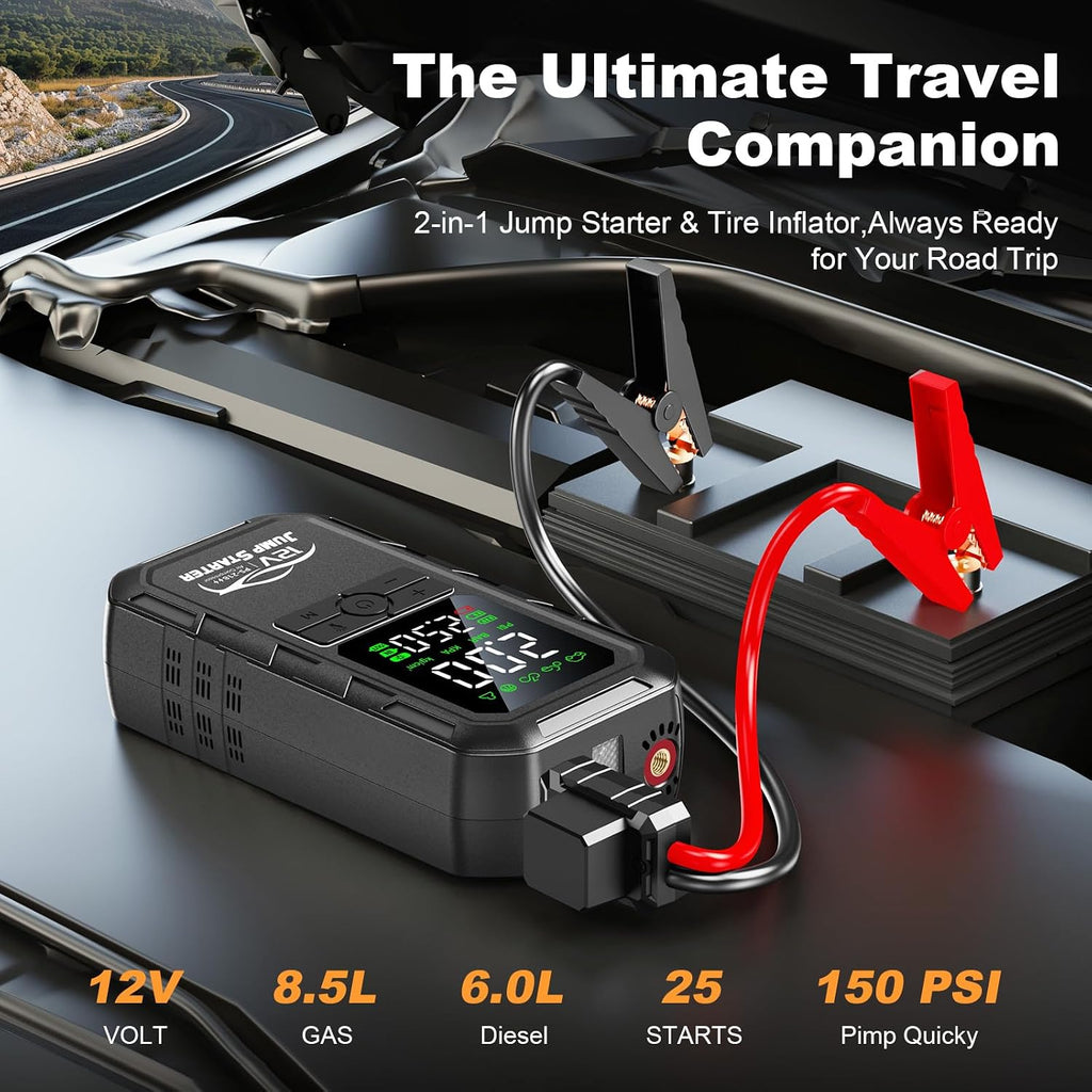 10-in-1 Car Battery Jump Starter with Air Compressor 8000A 160PSI Portable Car Jumper Starter (All Gas 12L Diesel)