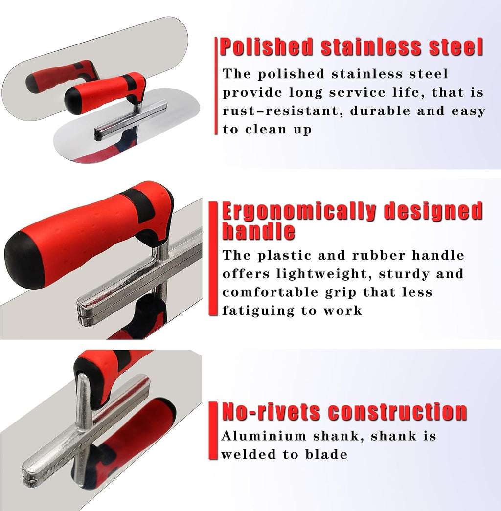Concrete Tools Set Stainless Steel Pool Trowel (11" x 4") plus Concrete Edger (6" x 3", 1/2"R) and Groover (6" x 3"