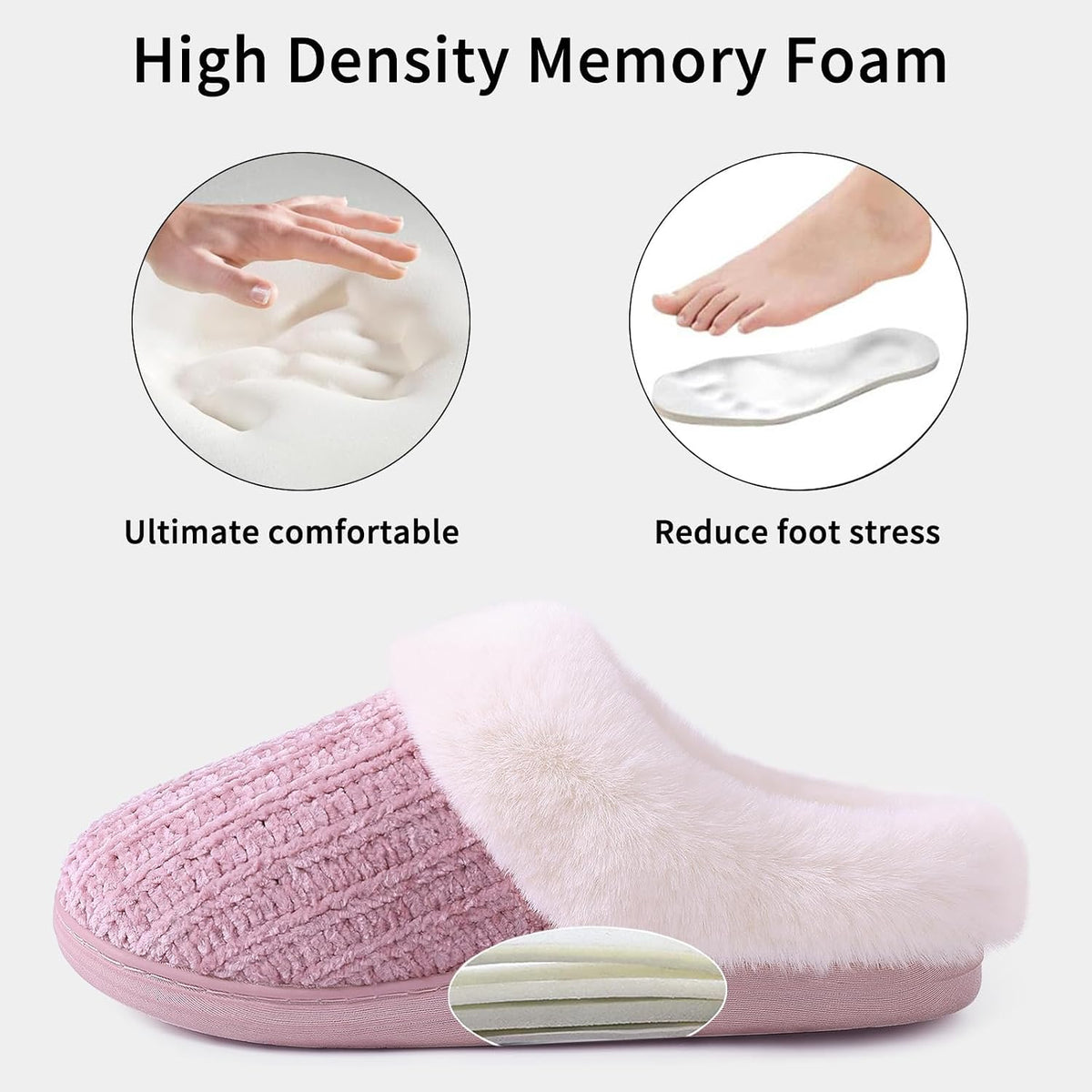 Women's Chenille Knit Fuzzy Slippers Memory Foam Warm House Shoes | Comfy Fleece Lined, Fluffy Faux Fur, Anti-slip