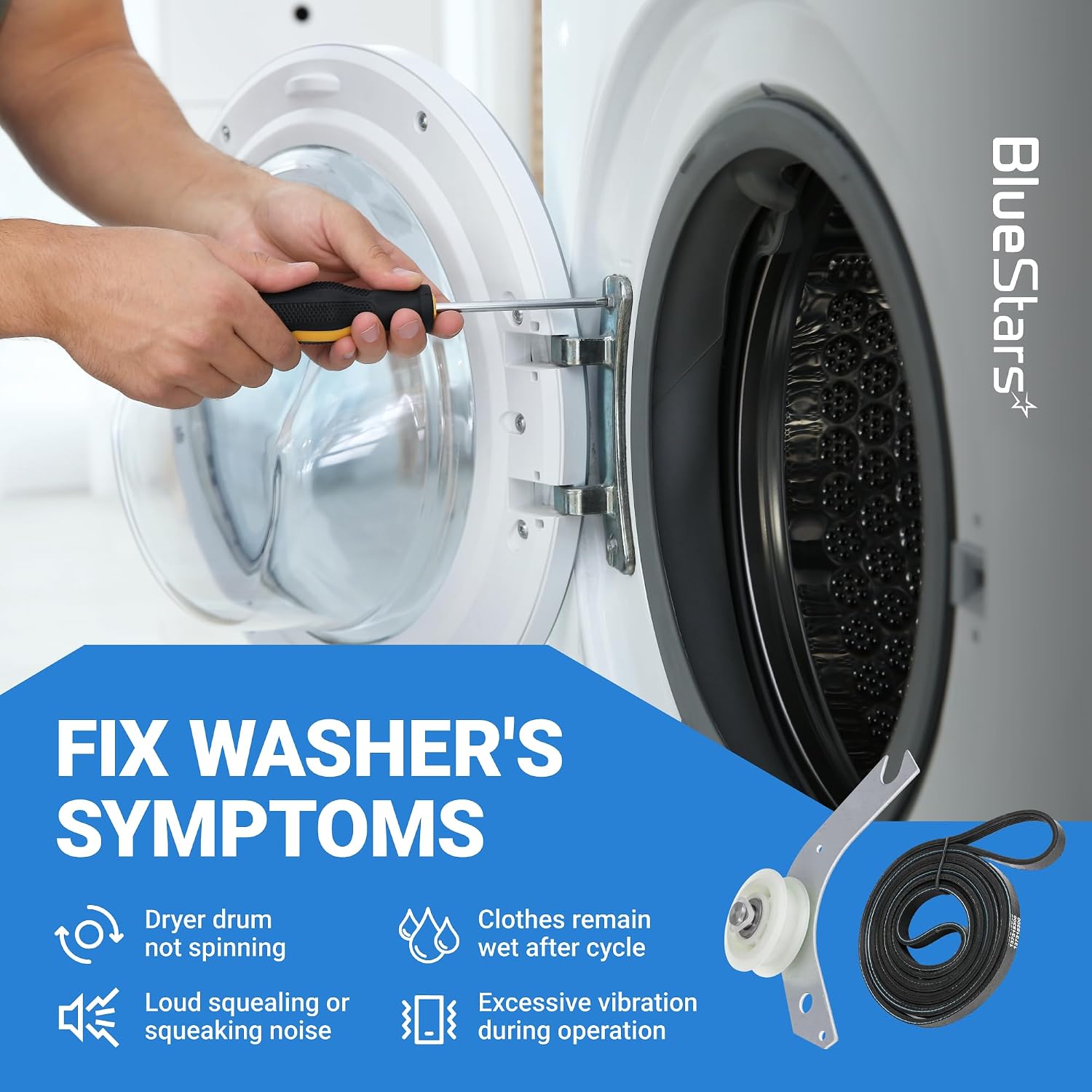 [NEW] BlueStars 134793511 Dryer Idler Pulley & 137315300 Dryer Drive Belt | Compatible with Frigidaire Electrolux