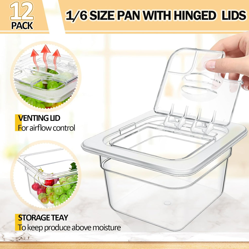 12 Packs 12 Packs Plastic Food Pan with Lid 1/6 Size 4" Deep, Clear