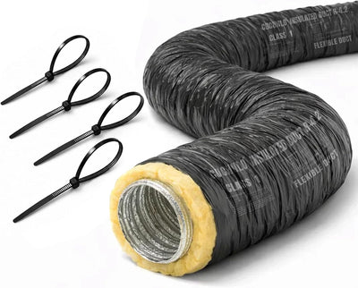 6 Inch Insulated Flexible Duct 25 FT, R4 HVAC Flex Duct with Black Jacket, Owens Corning Fiberglass Insulation